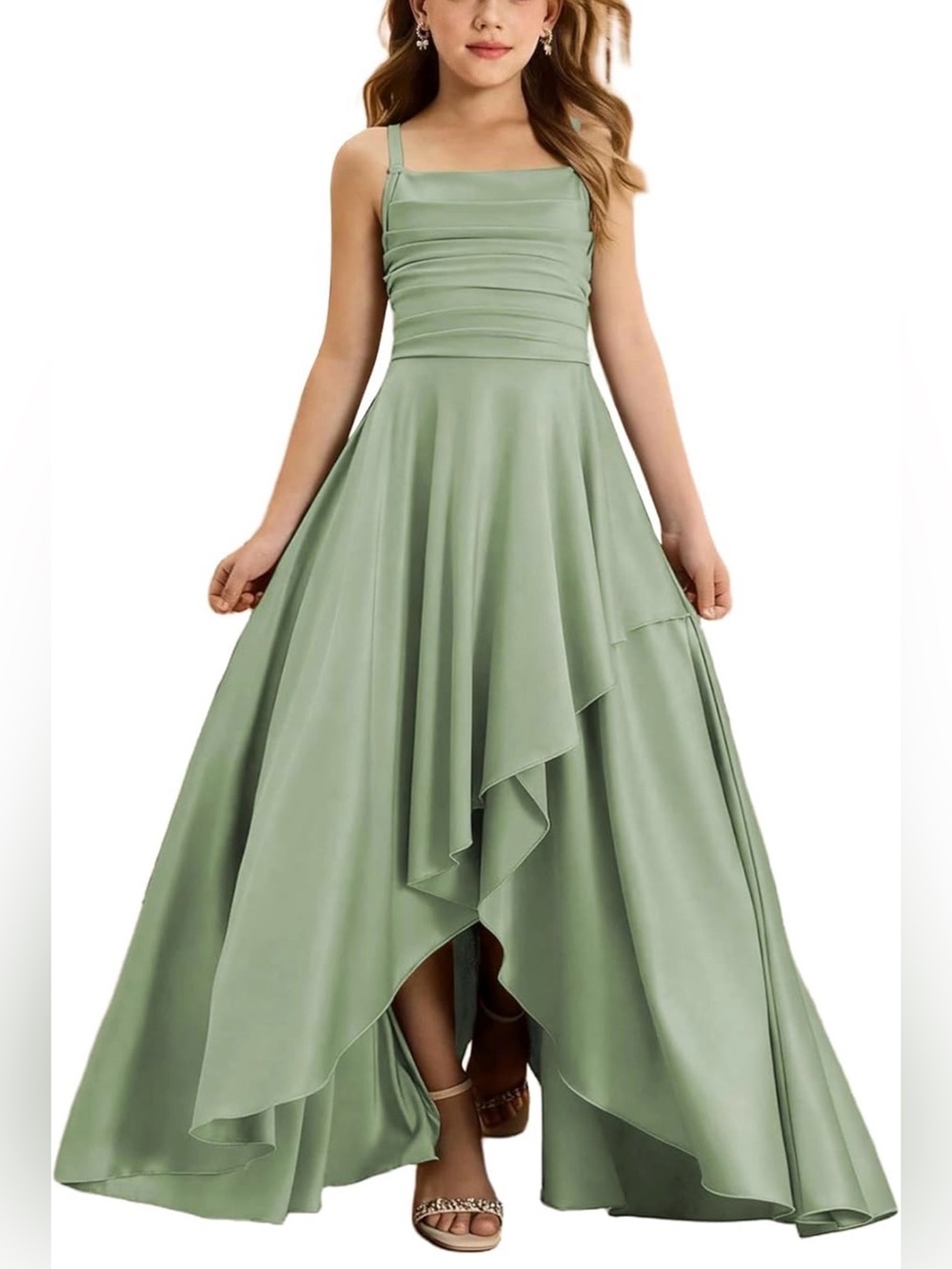 Girls Elegant Sage Green A-Line Dress (adjustable straps)